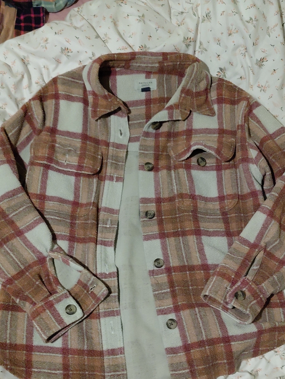 American Eagle Outfitters Women's Teddy Plaid Jacket in Cream, Brown and Pink